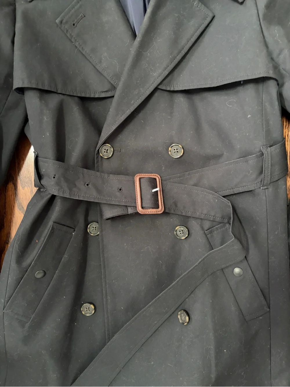 J. Crew woman’s  Black Double-Breasted Hooded Trench Coat size 12P